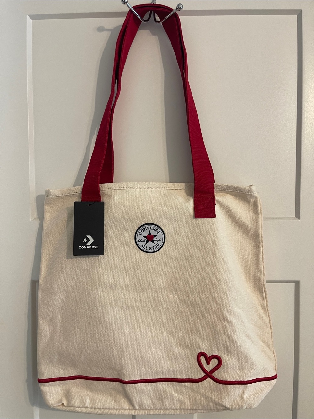 Converse Cream Canvas Tote with Red Straps and Heart Detail